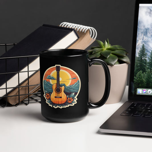 Sunset Mountains Guitar Black Glossy Mug